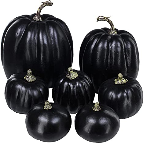 Winlyn 7 Pcs Assorted Artificial Black Pumpkins Halloween Faux Rustic Decorative Foam Pumpkins for Fall Halloween Thanksgiving Tabletop Centerpiece Mantel Kitchen Decor