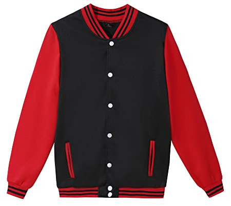 Mowbeat Women Baseball Jacket Varsity Uniform Unsex Adult Long Sleeve Baseball Shirt Casual Loose Cardigan Men's Track Jacket (Black-Red,XL)