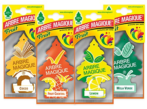 Arbre Magique Mono, désodorisant voiture, pack variété 3, noix de coco + cocktail de fruits + citron + pomme verte, durée jusqu'à 7 semaines, fabriqué en Italie, lot de 4 pièces
