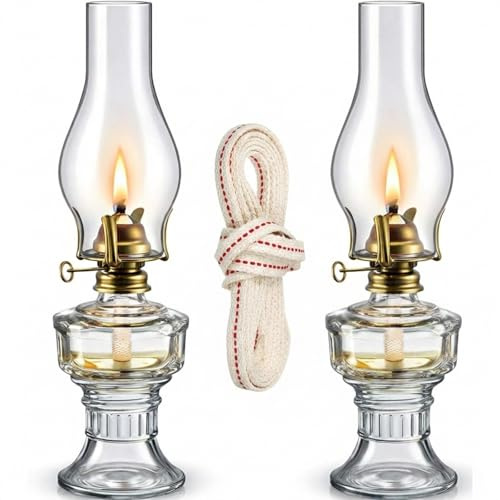 Yexiya 2 Pcs Chamber Oil Lamp Lantern for Indoor Use Large Classic Kerosene Lamp Vintage Glass Kerosene with Adjustable 6.6 ft Extra Oil Wick for Home Tabletop Decor Emergency Lighting(Classic)