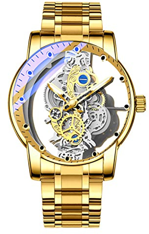 FORSINING Montre analogique à quartz pour homme avec squelette transparent, montre-bracelet en acier inoxydable, cadran de luxe pour homme imperméable lumineux, Or