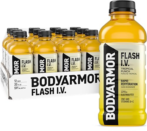 BODYARMOR Flash I.V. Electrolyte Beverage, Tropical Punch, Hydration Drink with Coconut Water For Rapid Rehydration, Post Workout Recovery, 20 Fl Oz (Pack of 12)