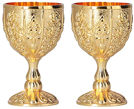 Lwuey Calice Royal Vintage - Gobelet en Laiton et Cuivre Gravé,Motif Floral en Relief,Style Médiéval Rétro pour Vin,Whisky,Liqueur ou Thé Coupe Dorée Décorative pour Maison et Fête