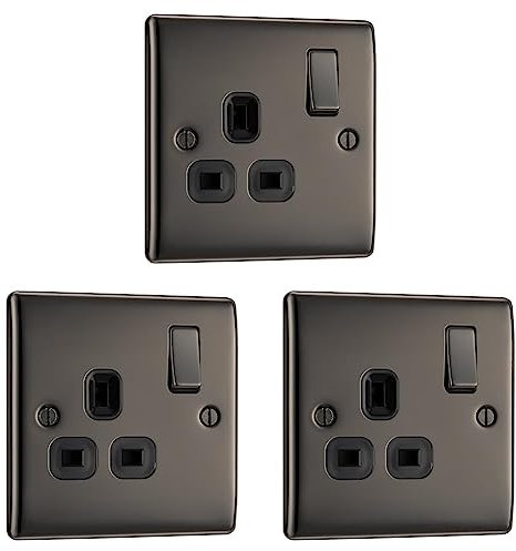 BG Electrical Single Switched Power Socket, Black Nickel, 13 Amp (Pack of 3)