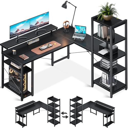 ODK Bureau avec Rangement, Bureau d'angle Réversible avec Support de Moniteur Noir, 155cm