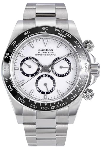 Sugess S418-2.002.S Chrono Racing Montre chronographe pour homme avec lunette en céramique 41 rubis, Argenté.