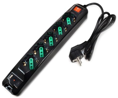Tecnoware Power Systems Regleta Power Cleaner 5, 5 Salidas Italia/Schuko, 1 Puerto USB-A, 1 Puerto USB-C, Power Delivery y Quick Charger 3.0, Protección Infantil, Cable de 1.5m, Negro