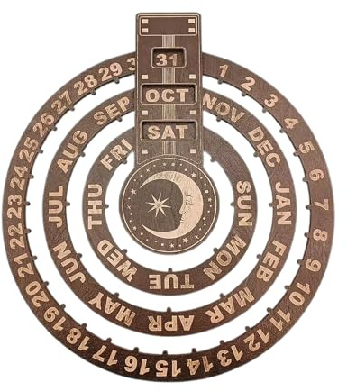 JDEFARF Calendario Perpetuo Circular Giratorio de Madera, Calendario de Disco de Madera, Calendario Circular para Colgar en la Pared, Calendario de Pared Perpetuo Vintage, Cartel de (Luna)