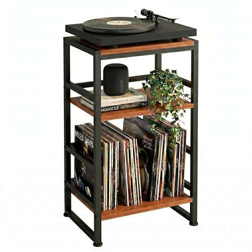 ZEXVIDA Vinyl Record Player Stand, 3-Tier End Table with Vinyl Record Storage, Record Player Table Holder Cabinet Up to 120 Albums for Living Room Bedroom - Cherry
