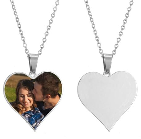 Collier Personnalisé de Cœur, Pendentif Photo en Forme de Cœur avec Gravure Nom/Texte/Date, Pendentif Personnalisé pour Plaque D'identité, Collier Photo Gravé Cadeau de Fête des Mères (Argent)