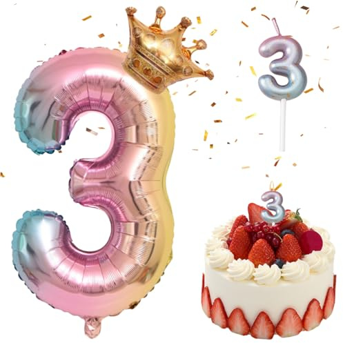 GGUFAY Numero Globos 3 Y Velas 3 Set, Decoracion CumpleañOs, Arco Iris Gradiente 3 Globos De Foil 42 Pulgadas Numero Globos Decoracion, Globos De CumpleañOs Con Corona Fiesta De CumpleañOs