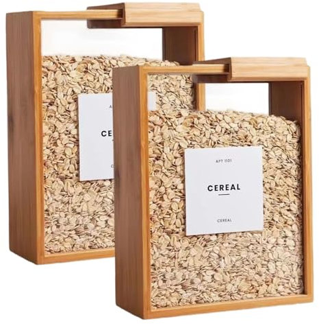 Heidouse 2Pcs Cereal Containers Storage, 9.1x6.8x3.2 Inch Bamboo Rice Dispenser with Removable Lids, Clear Flour Storage Containers for Kicthen