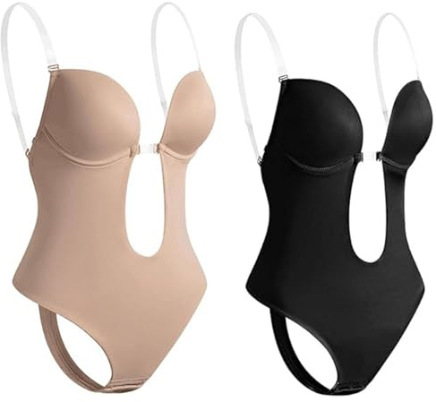 Home Hotting Confezione da 2 Intimo Modellante Senza Schienale, Body Senza Spalline, Perizoma Modellante con Schiena Bassa, Body Intero A V Profonda (Nero + Colore della Pelle)
