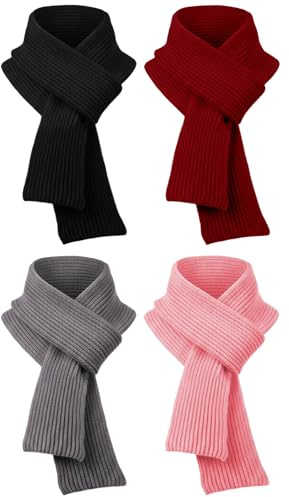 Croloose 4 Pcs Kids Winter Warm Scarves Knit Solid Color Children Soft Neck Warmer Wrap Outdoor for Toddlers Boys Girls 5-10 Years (Pink,Wine Red,Black,Gray)