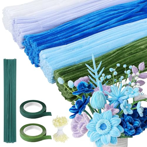 Niuny Limpiapipas Manualidades 500PCS Limpia Pipas 5 colores Pipe Cleaner Tallos de Chenilla Kit de Flores de Limpiapipas Azul con Tallo Floral Artificial Estambres Cintas Adhesivas para Ramos DIY