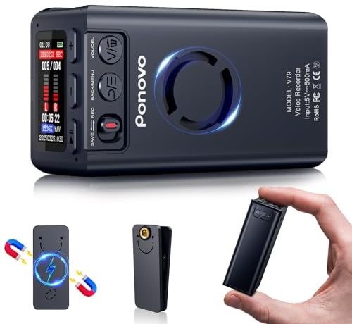 64GB Registratore Vocale Magnetico 45 Giorni Registrazioni Continue, Ponovo Attivazione Vocale Registratore Professionale con Clip, 6000mAh Intelligente Riduzione Rumore, Password per Riunioni