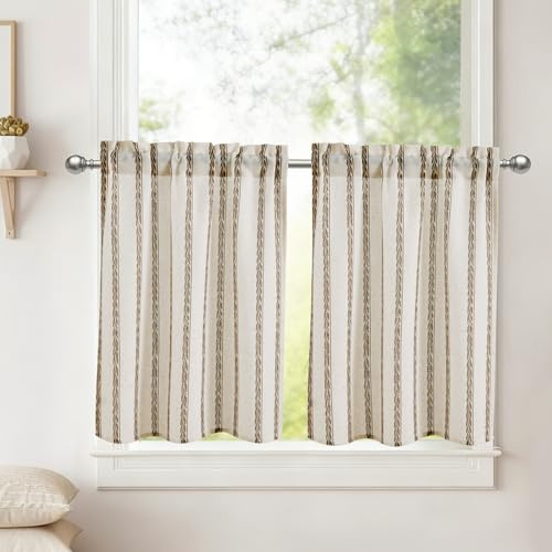 DWCN Skivgardin köksgardiner brungrå vete ränder H 45 x 90 cm 2 stycken, halvtransparent kort linnegardin fönster bistrogardin för lantställe skåpgardin badrum gardiner husvagn källare