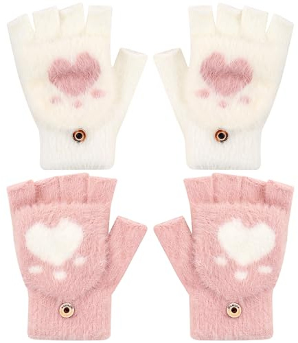 Pares Sin dedos Niño Guantes, 2 Pares Guantes de felpa para niños, Guantes Cálidos de Invierno, Adorables Guantes para Niños(Blanco/Rosa)