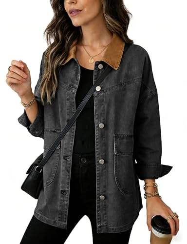 Yeokou Women's Oversized Contrast Collar Denim Barn Jacket Button Down Big Pockets Spring Fall Transitional Outfits(Grey-S)