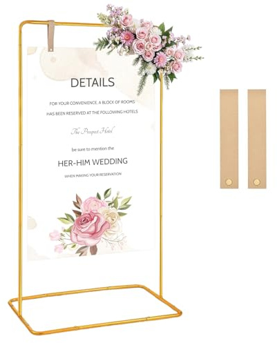 Supporto per cartello nuziale, 80 x 50 x 175 cm, regolabile, in metallo dorato, con 2 cinghie in pelle per appendere tavoli di compleanno, grafici per eventi, decorazioni per eventi