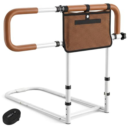 COSTWAY Bed Rails for Elderly Adults, Foldable Safety Bed Assist Rail Bedside Handrail Bar Fall Prevention with Adjustable Width & Height, Storage Pocket and Fixing Strap, Load 136KG (White + Brown)