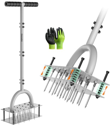 Grenebo Aireador manual de césped con 16 pinchos, aireador de césped de metal para patio, aireación de césped, expulsión automática de suelo, herramienta aireadora de césped premontada (negro gris)