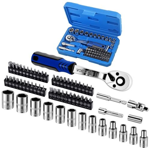 VORXEON Juego de Llaves de Vaso Cr-V 62pzs,72 Dientes Llave Carraca 1/4 Juego de Carraca Herramientas Taller Mecanico Llaves de Tubo Cromadas y Pulidas para Reparación de Coches y Trabajos Mecánico