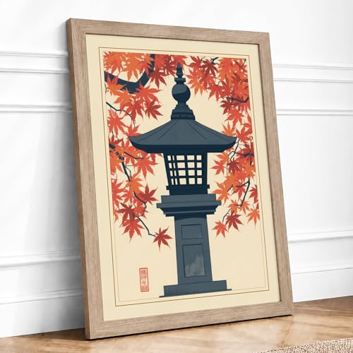 Autumn Stone Lantern Japandi Framed Wall Art Print A1 Oak | Ready to Hang, Premium Giclée Paper, Fade-Resistant Inks, Securely Packaged, UK Made
