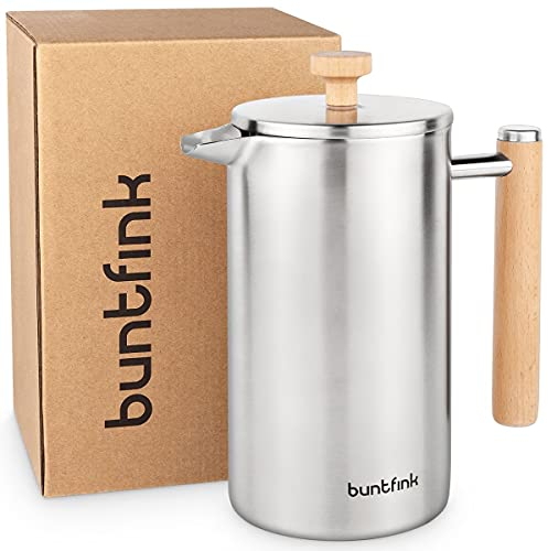 Buntfink French Press Thermo 1 Liter aus Edelstahl und Holz | Kaffeebereiter doppelwandig isoliert | Kaffeepresse + Ersatzfilter + Untersetzer | Kaffeezubereiter Teezubereiter plastikfrei für 5 Tassen