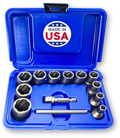 13 Piece Bolt Extractor Set | Made in USA Turbo Sockets for Stripped, Rounded, Frozen Bolts & Nuts | ⅜” Drive Impact Grade Lug Nut & Bolt Remover Kit | Nut Extractor Socket Set