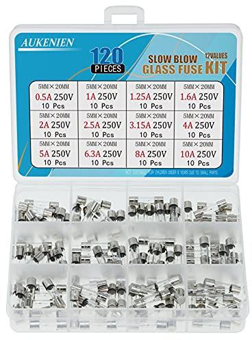 AUKENIEN 12 Valeurs 120 Pièces 250V Fusible à action lente en Verre Temporisé T 0,5A 1A 1,25A 1,6A 2A 2,5A 3,15A 4A 5A 6,3A 8A 10A 250V 5x20mm 0,2x0,78pouce Kit D'assortiment de Fusibles Maison