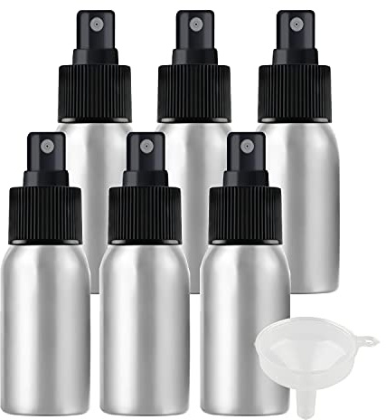 ZEOABSY 6 Pièces Portable Vide 50 ml Pulvérisateur en Aluminium Flacon Bouteille Vaporisateur avec Pompe Noire pour l'eau l'alcool Parfum Cosmétique Voyage Rechargeable, Entonnoir