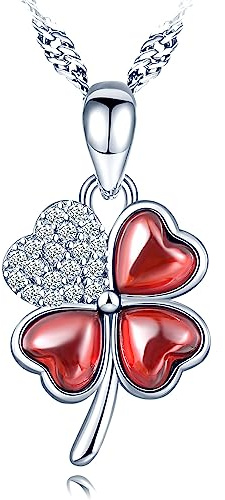 MICMIF Collana con Ciondolo Quadrifoglio da Donna Argento 925, con Zirconi Bianco e Granato Rosso, Collana Pendente Trifoglio Quadrifoglio Gioielli Regalo per Moglie Mamma Fidanzata