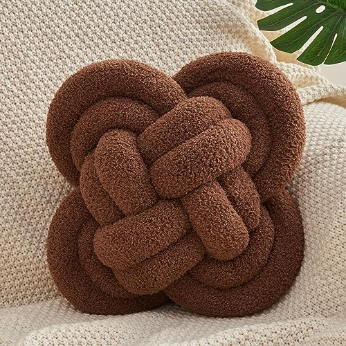 Xiashrk Knot Pillow, 12 Soft Decorative Throw Pillows for Couch Bed, Gray Pink Knotted Plush Throw Pillow Handmade Square Cushion Home Decor Pillows (Dark Brown, 12 Inches X12 Inches)