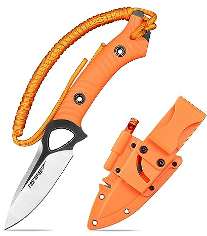 TONIFE Explorer Cuchillo de Hoja Fija con Funda 8Cr14MoV Blade Cuchillo de Supervivencia,Fibra de Vidrio Reforzada con Mango de Nylon para EDC Cuchillo(Naranja+Negro Titanio y Satén) (HKT4021)