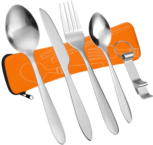 Vicloon Edelstahl Besteck Campingbesteck, 6 Stück Reisebesteck Camping mit Gabel, Löffel, Flaschenöffner und Bestecktasche, für Reise Picknick (Orange), (V-GB-ORG-FBA)