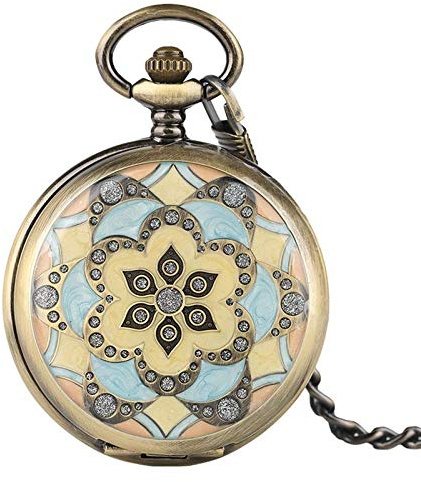 Montre de Poche Montres de Poche mécaniques Pendentif en Cristal pour Femmes Dame remontage à la Main infirmière Montre Joli étui à Fleurs avec chaîne (Bronze)