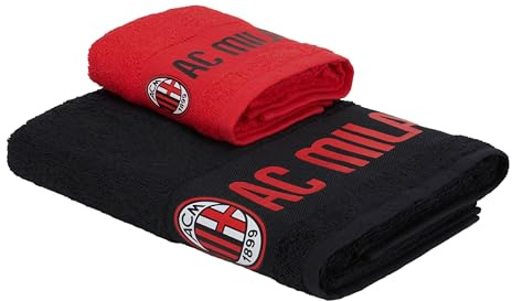 AC Milan Set di 2 Asciugamani con Logo, 50x100, Cotone, Prodotto ufficiale, Rosso/Nero