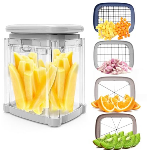 DD dedeo Versatile French Fry Cutter 4-in-1 Food Dicer Chop Box, Potato Cutters for Fries Potato French Fry Onion Cutter Food Chopper Manual Hand Vegetable Cutter Dicer Apple Slicer, （4 Blades）