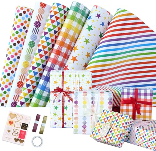 Yezirzax 6 Stück Geschenkpapier, DIY Geschenkpapier mit 2 Rolle Band und Aufklebern, Geburtstag 70x50cm für Weihnachten, Valentinstag (Mehrfarbig 1)