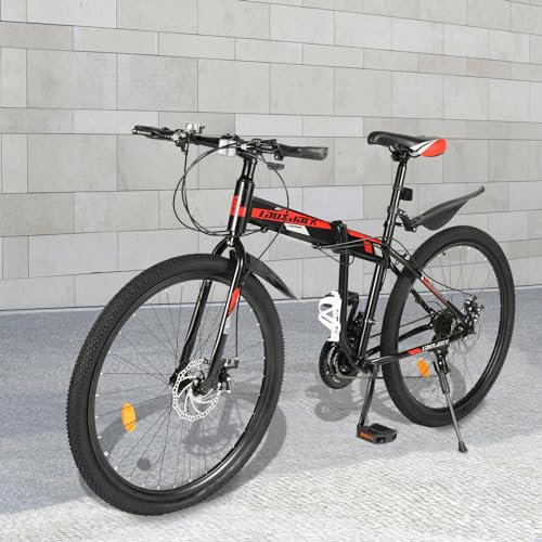 VonVVer 26 Zoll Faltbar Mountainbike - MTB Fahrrad 21 Gang Schaltung Kohlenstoffstahl Höhenverstellbar MTB Mountainbike mit Scheibenbremsen 130KG Last für Jungen Mädchen Herren Damenrad (Schwar +Rot)