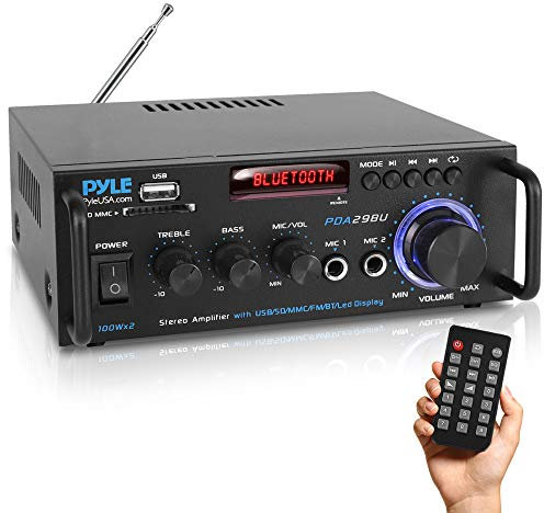 Pyle Preamplificatore Phono, Amplificatore Audio Stereo Wireless Bluetooth 200 Watt, Doppio Canale, RCA, USB, SD, Microfono, Radio FM, Uso Studio