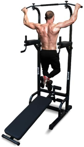 SPORTINATOR Abderos Power Tower mit Schrägbank | Klimmzug- & Dip-Station | höhenverstellbar 170-225 cm | stabile Konstruktion | Krafttraining für Ganzkörper-Workout zu Hause (Schwarz)
