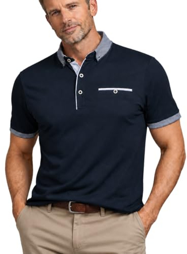 Xact Polo Hombre Manga Corta Algodón Stretch, Camiseta Jersey con Cuello Button Down, Bolsillo Falso, Regular Fit Smart Casual para Trabajo Golf Viaje (Azul Marino, L)