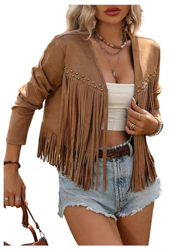 GORGLITTER Women's Faux Suede Studded Fringe Jackets Long Sleeve Open Front Cardigan Cowgirl Outfit Western Brown Medium