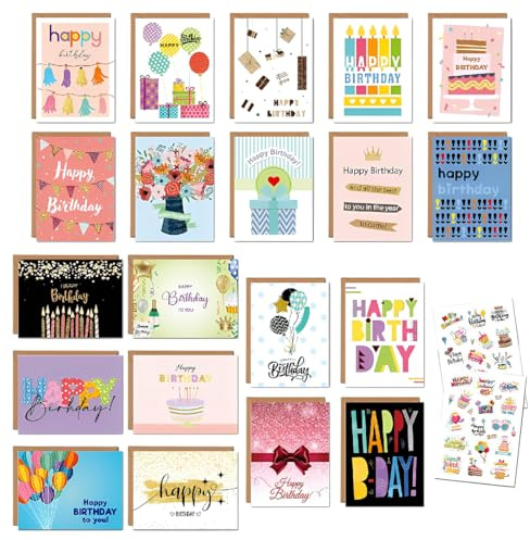 Carte Anniversaire, 20 Pièces Cartes D'anniversaire avec Enveloppe et Autocollants, Carte Anniversaire Femme Homme, Carte de Vœux Anniversaire, Carte Postale, pour Hommes, Femmes, Enfants