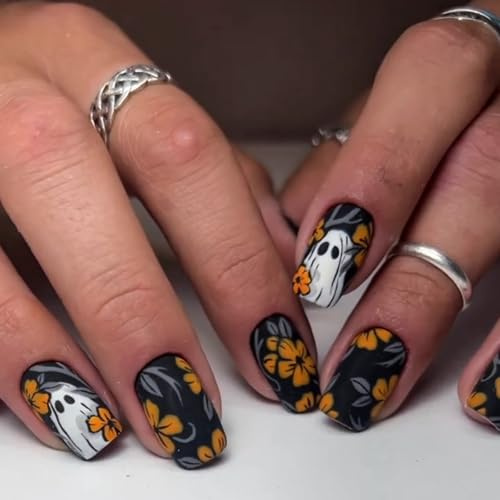 Ceboic 24Pcs Halloween Press on Nails, Short Square French Tips False Nails with White Ghost Yellow Flowers Designs, Horror Black Forest Fake Nail, Acrylic Full Cover Stick on Nails for Women Girls
