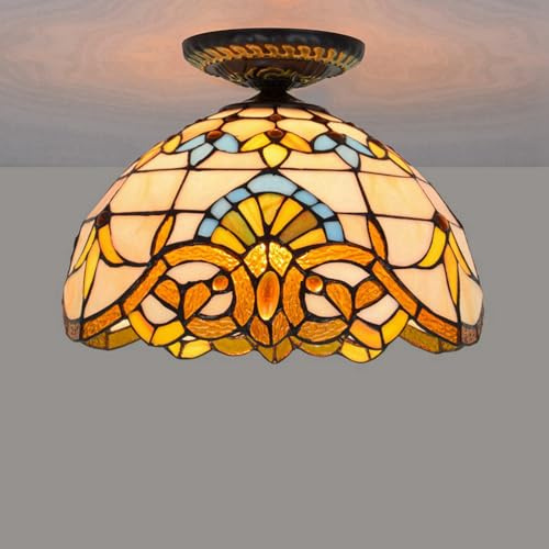 Dualbao Lámpara de Techo de Vidrio Estampado en Beis Barroco de 12 Pulgadas, lámpara de Techo clásica Vintage Hecha a Mano Estilo Tiffany para Sala de Estar, Dormitorio, Cocina, Pasillo y balcón.