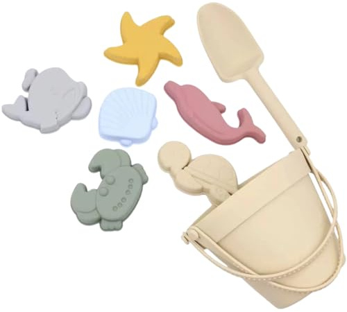 9Pcs Beach Toys for Kids, Collapsible Sand Bucket and Spade Set with Silicone Sand Moulds, Crab Turtle Star Fish Shapes, Kids Beach Toy Set for Sandcastle Building, Beach Holiday Outdoor Play, White