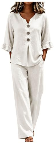 Completo Donna Elegante Due Pezzi Elastico In Vita Mezza Manica Set di Due Pezzi Tuta Tinta Unita Blusa Pantaloni Gamba Larga con Tasche Camicia Scollo V Eleganti Taglie Forti Completi Comodo Morbido
